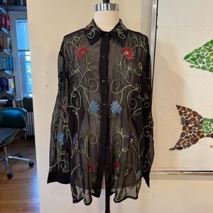 Vintage Floral Embroidered Black Sheer Button Up